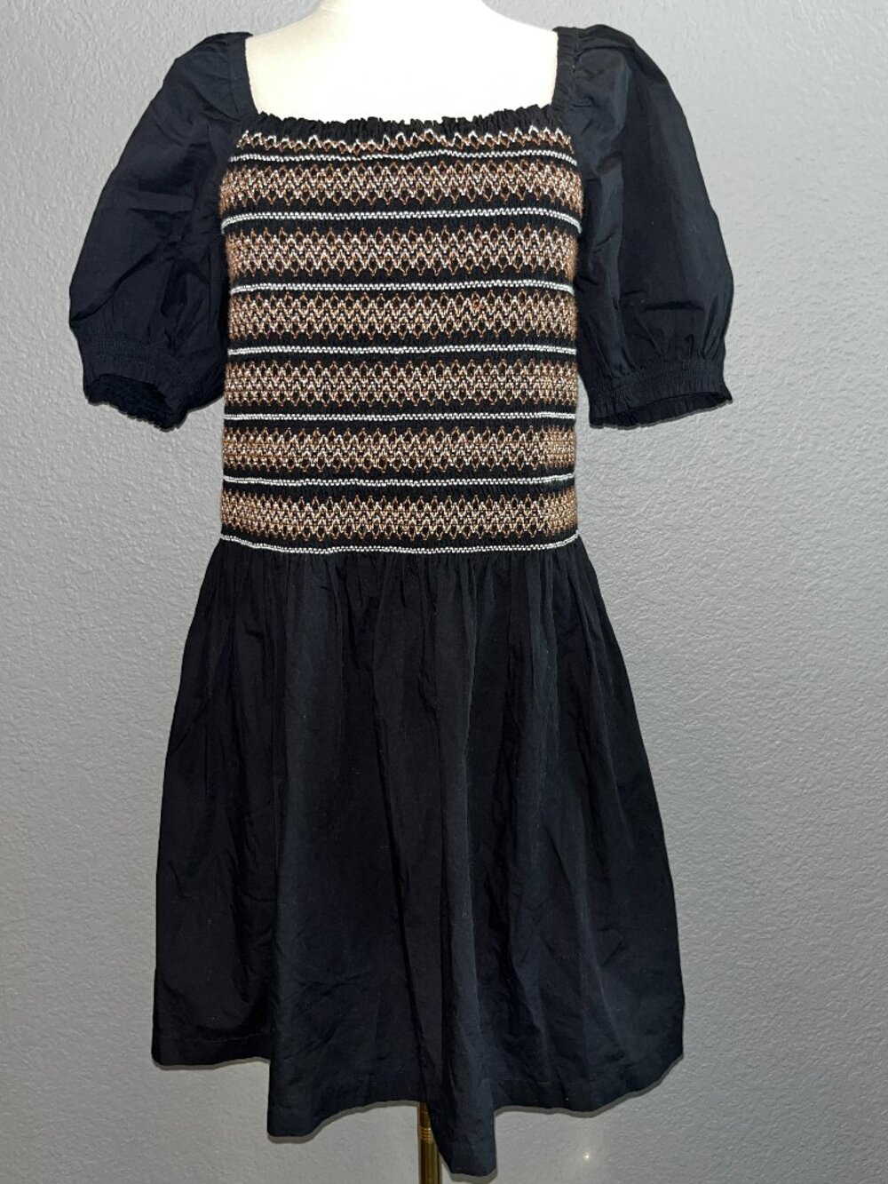 Madewell Poplin Puff-Sleeve Mini Dress Smocked Black & Brown Style #NU780 NWT -L
